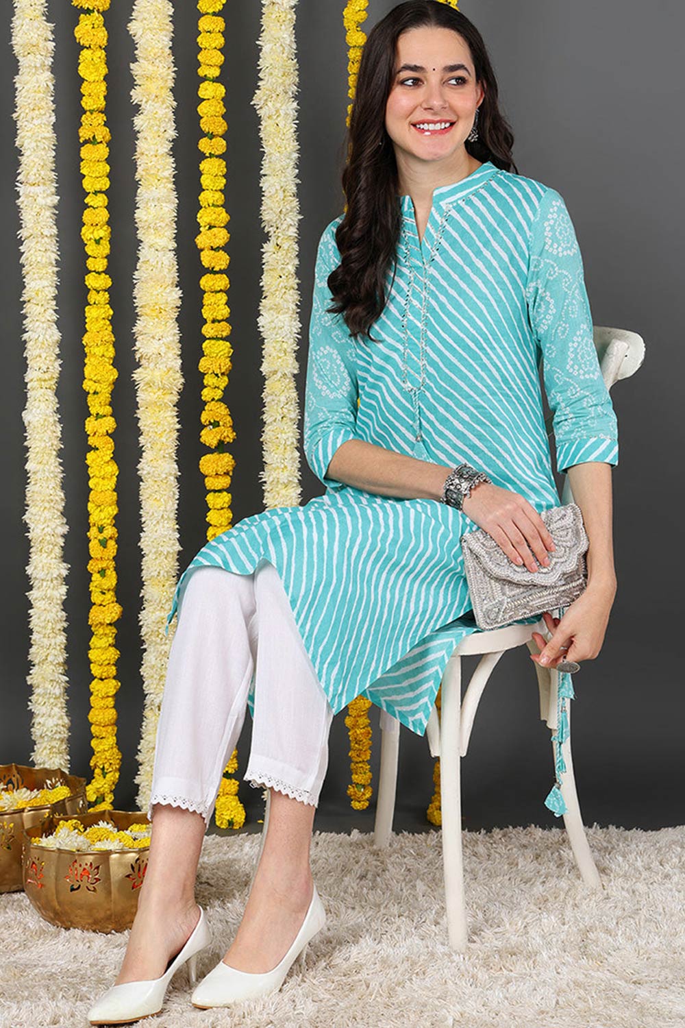 Blue Cotton Mandarin Collar KurtI Set