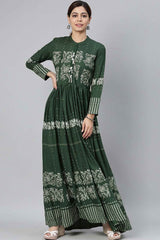 Green Cotton Floral Print Round Neck KurtI Set