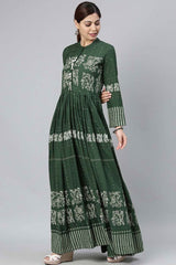 Green Cotton Floral Print Round Neck KurtI Set