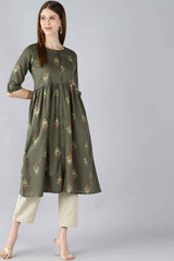 Green Cotton Printed Flared Fit KurtI Set