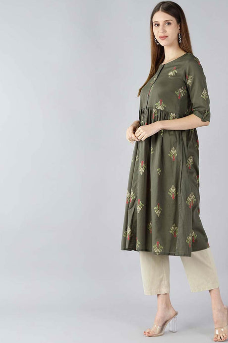 Green Cotton Printed Flared Fit KurtI Set