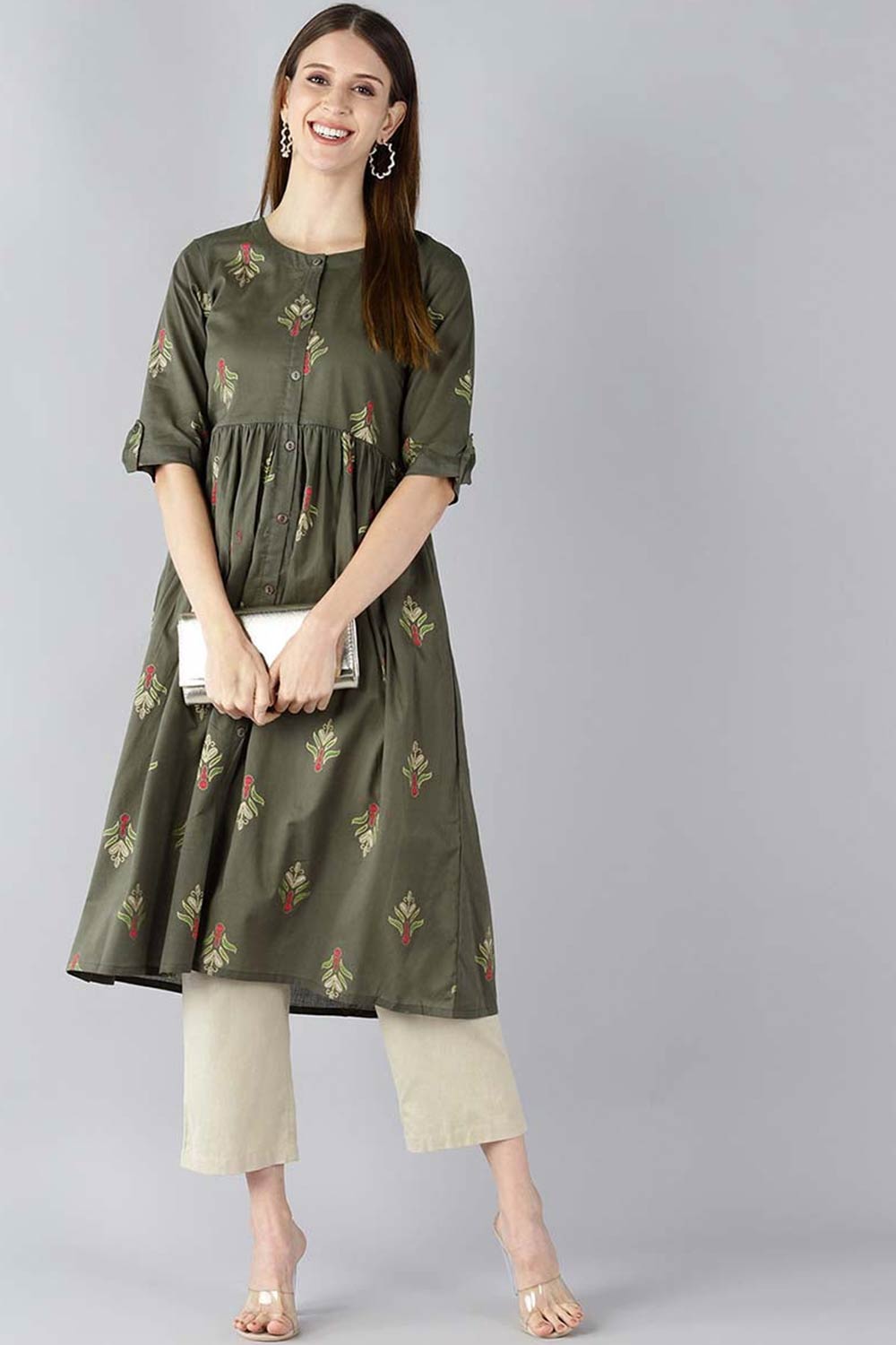 Green Cotton Printed Flared Fit KurtI Set