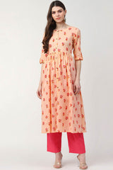 Pink Cotton Printed Flared Fit KurtI Set