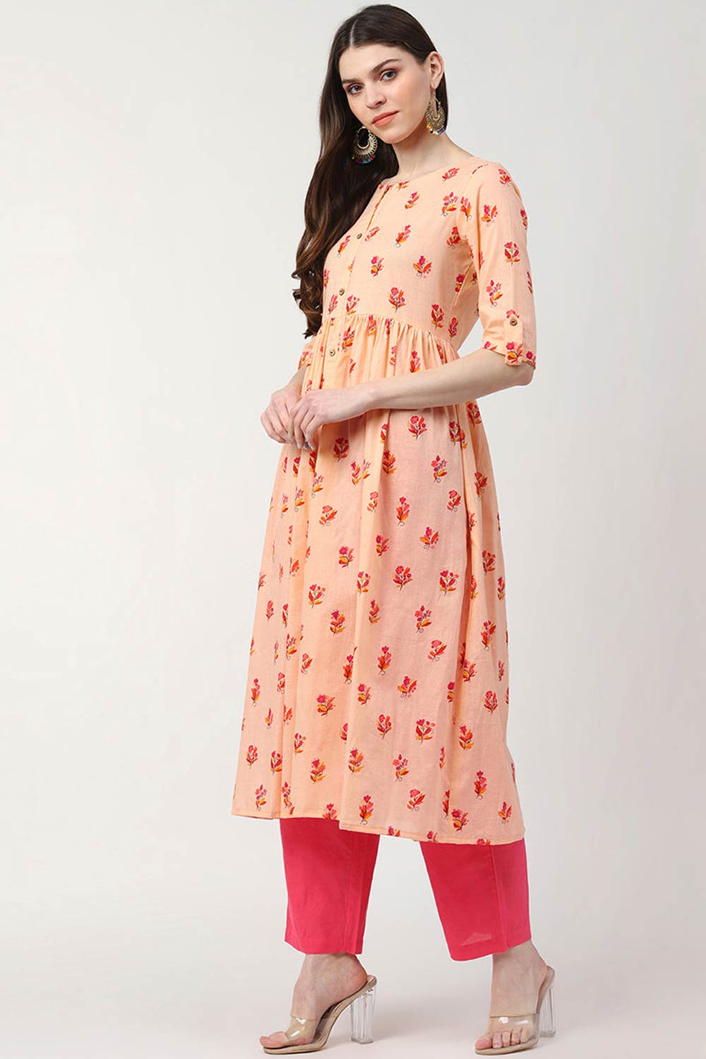 Pink Cotton Printed Flared Fit KurtI Set