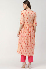 Pink Cotton Printed Flared Fit KurtI Set