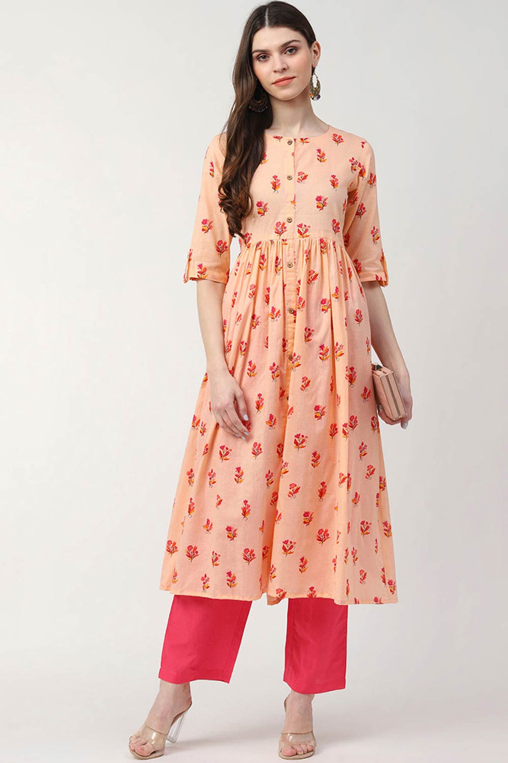 Pink Cotton Printed Flared Fit KurtI Set