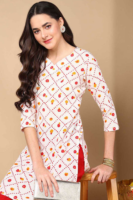 White Cotton Floral Print V Neck KurtI Set