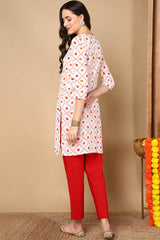 White Cotton Floral Print V Neck KurtI Set