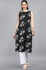 Black Cotton Floral Flared Fit KurtI Set