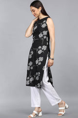 Black Cotton Floral Flared Fit KurtI Set