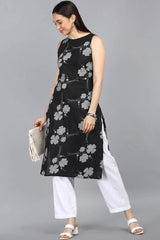 Black Cotton Floral Flared Fit KurtI Set