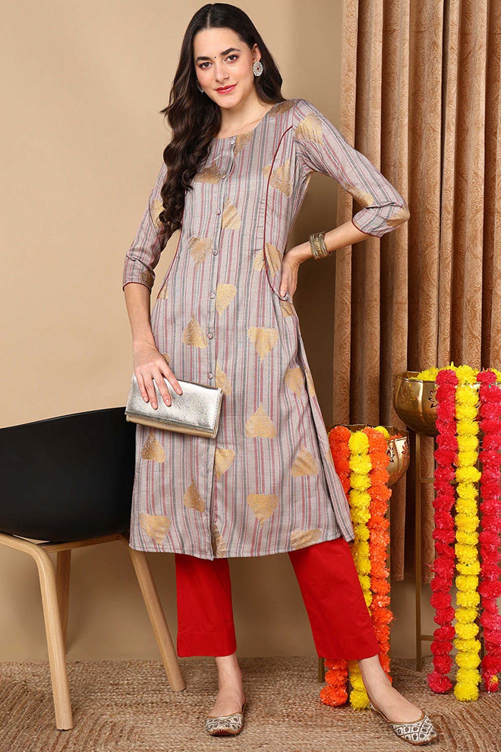 grey Cotton Round Neck KurtI Set