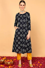 Blue Cotton Round Neck KurtI Set