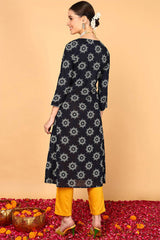 Blue Cotton Round Neck KurtI Set