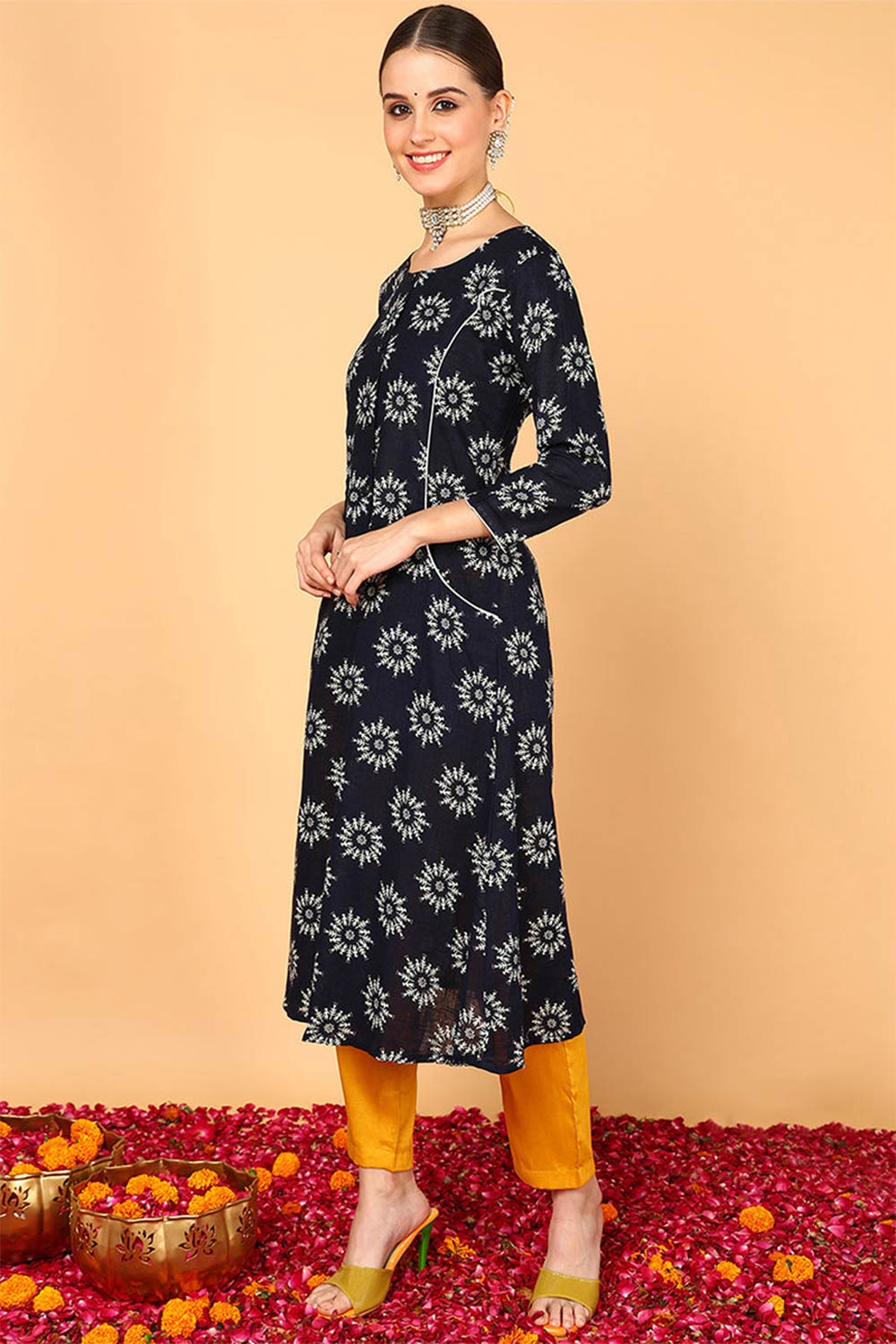 Blue Cotton Round Neck KurtI Set