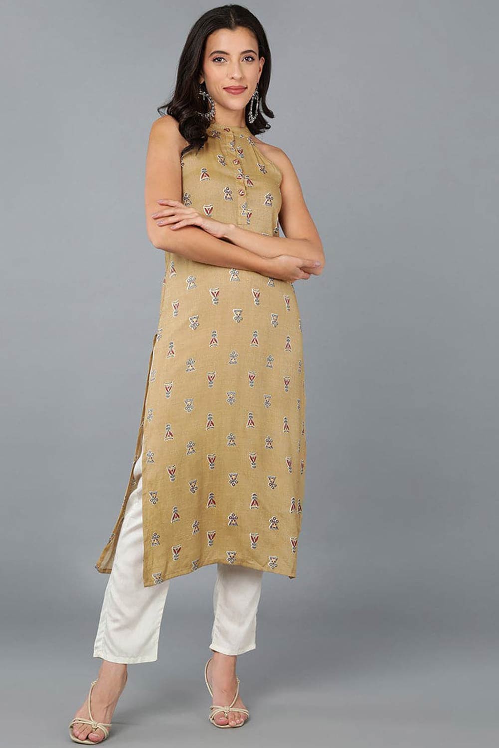 Yellow Cotton Floral Print Round Neck KurtI Set