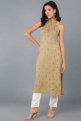 Yellow Cotton Floral Print Round Neck KurtI Set