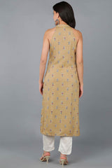 Yellow Cotton Floral Print Round Neck KurtI Set