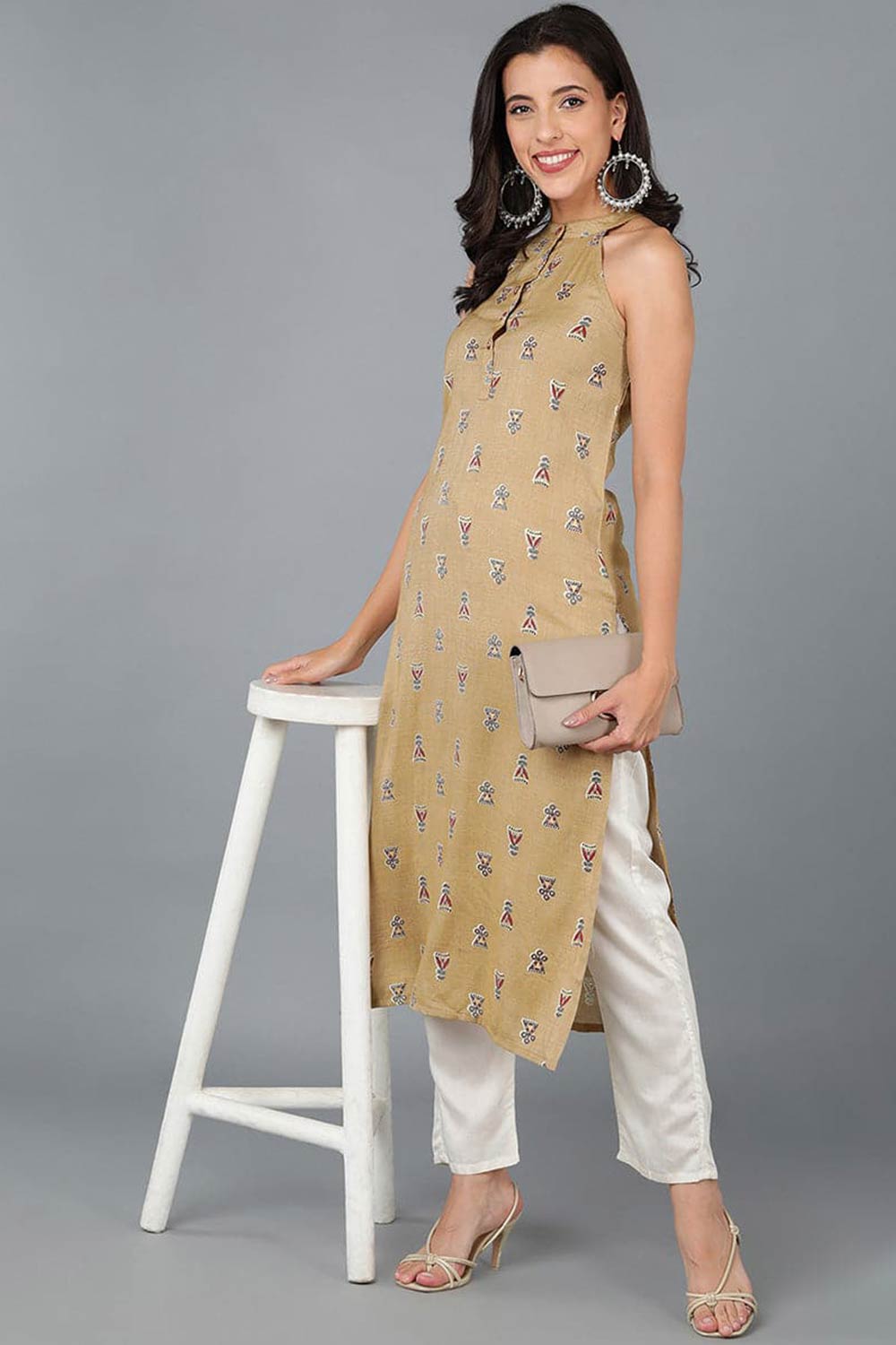 Yellow Cotton Floral Print Round Neck KurtI Set