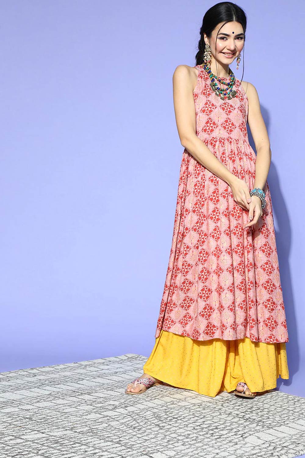 Pink Cotton Printed Flared Fit KurtI Set