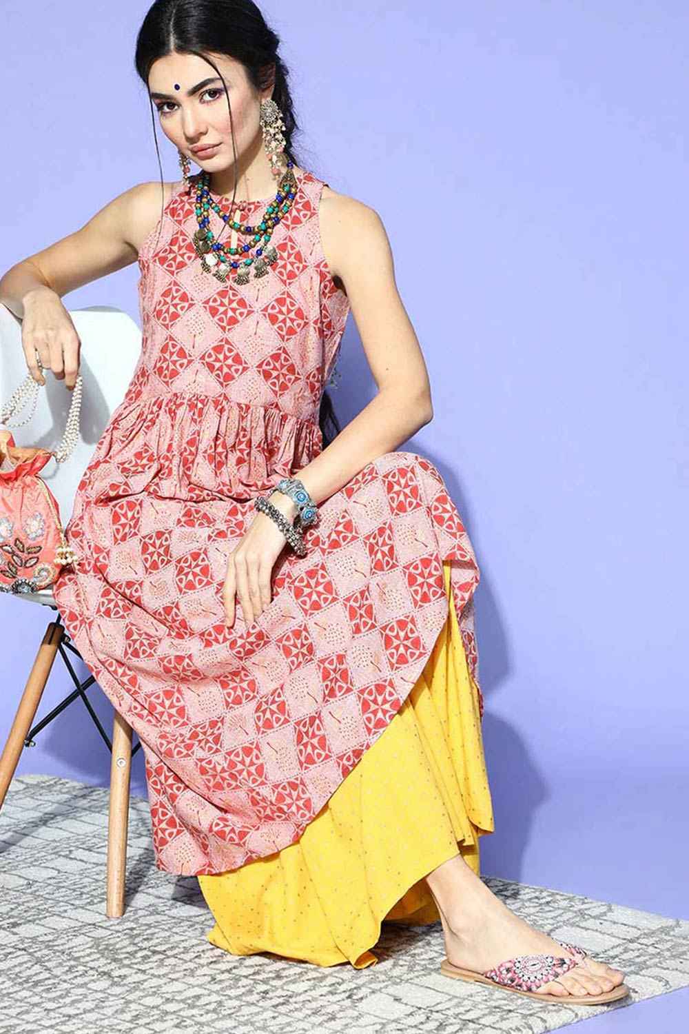 Pink Cotton Printed Flared Fit KurtI Set