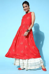 Red Cotton Round Neck KurtI Set