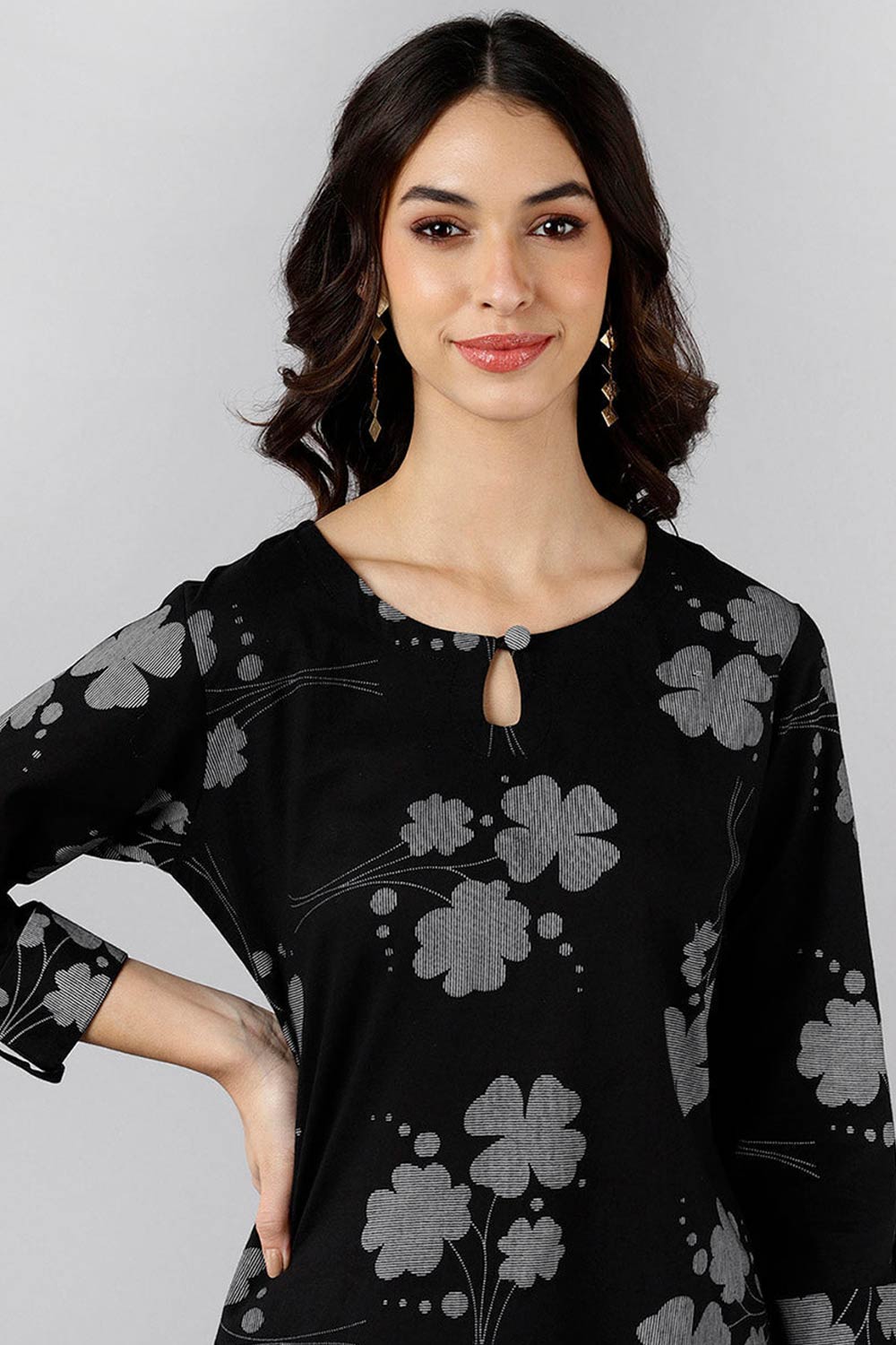 Black Cotton Keyhole Neck KurtI Set