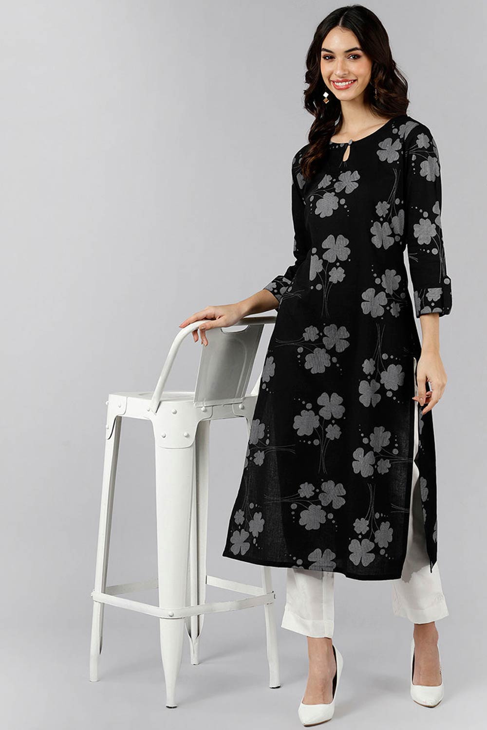 Black Cotton Keyhole Neck KurtI Set