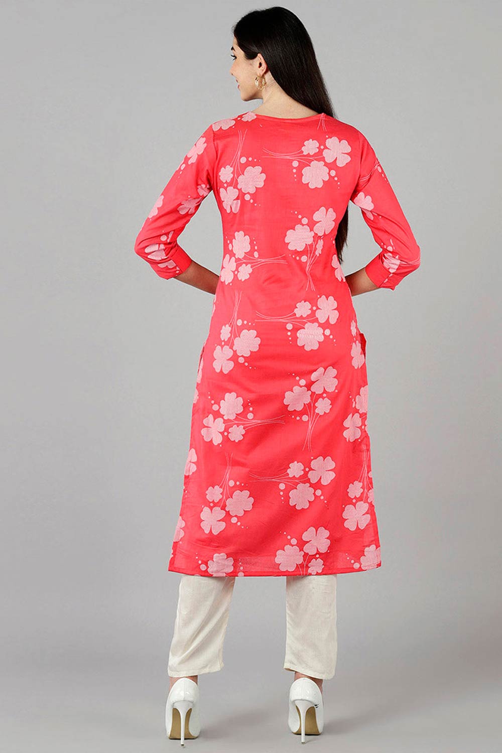 Pink Cotton Keyhole Neck KurtI Set