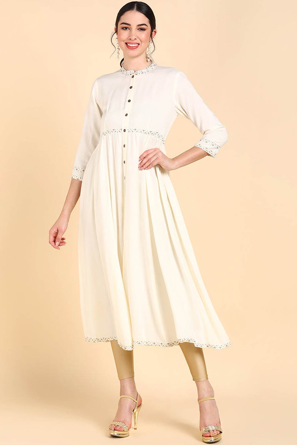 White Rayon V Neck Anarkali Kurti Set