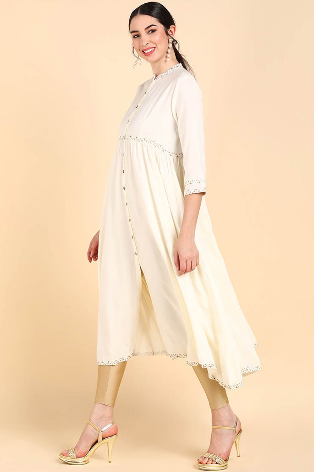 White Rayon V Neck Anarkali Kurti Set