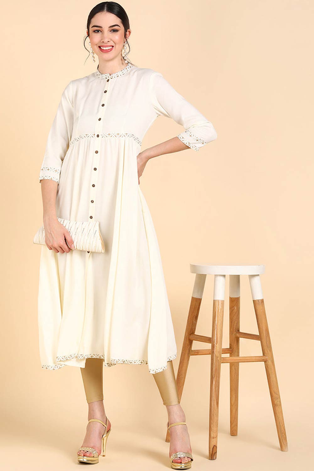 White Rayon V Neck Anarkali Kurti Set