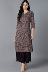 Purple Cotton Printed Straight Fit KurtI Set