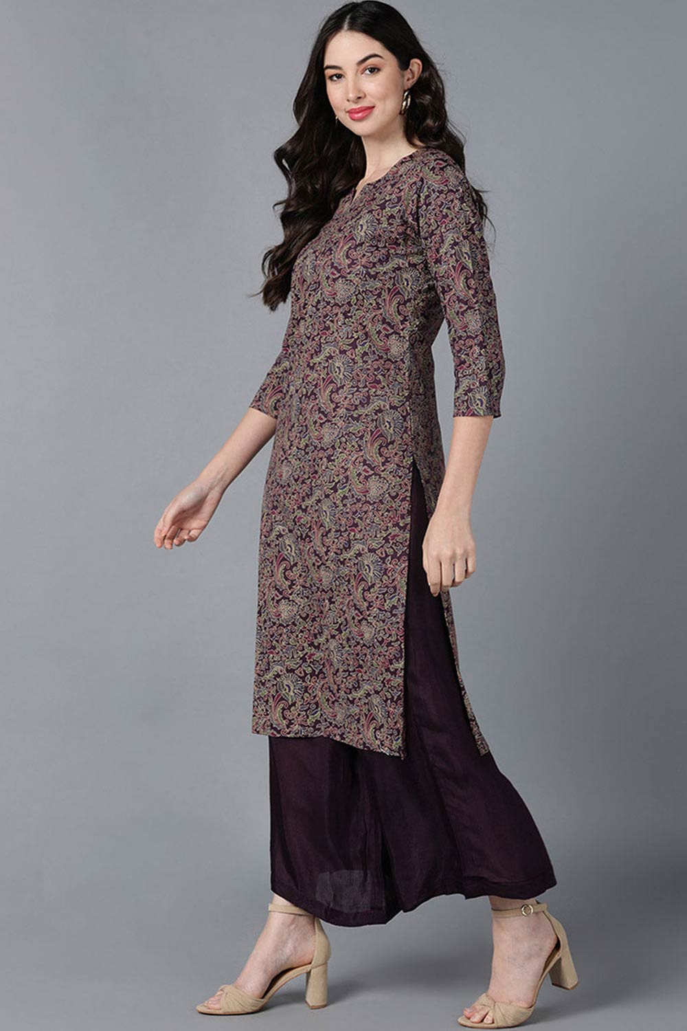 Purple Cotton Printed Straight Fit KurtI Set