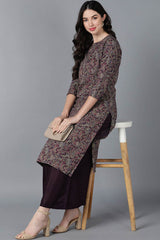 Purple Cotton Printed Straight Fit KurtI Set