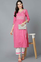 Pink Cotton Keyhole Neck KurtI Set