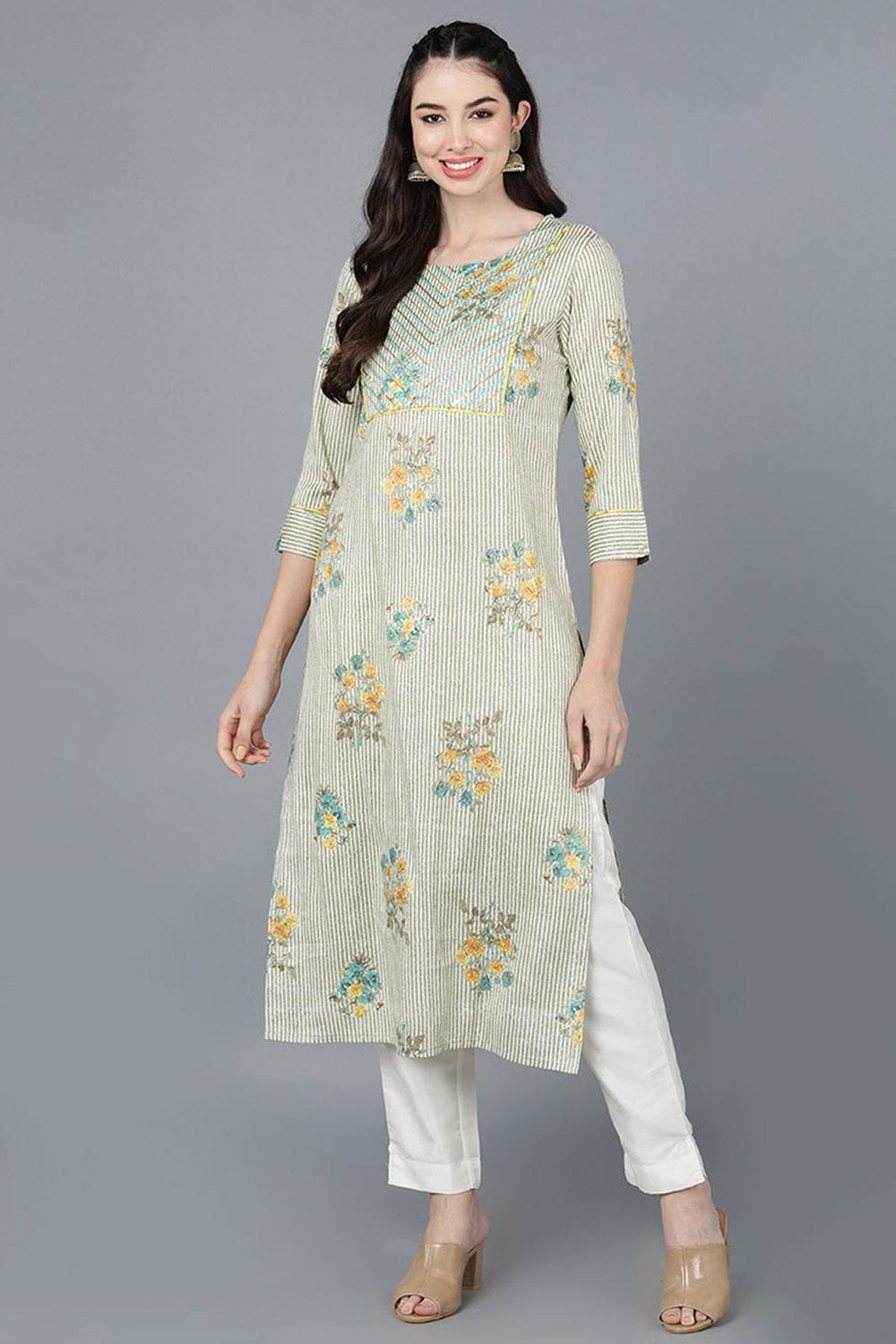 Beige Cotton Boat Neck KurtI Set