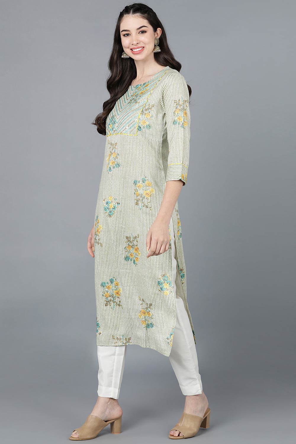 Beige Cotton Boat Neck KurtI Set