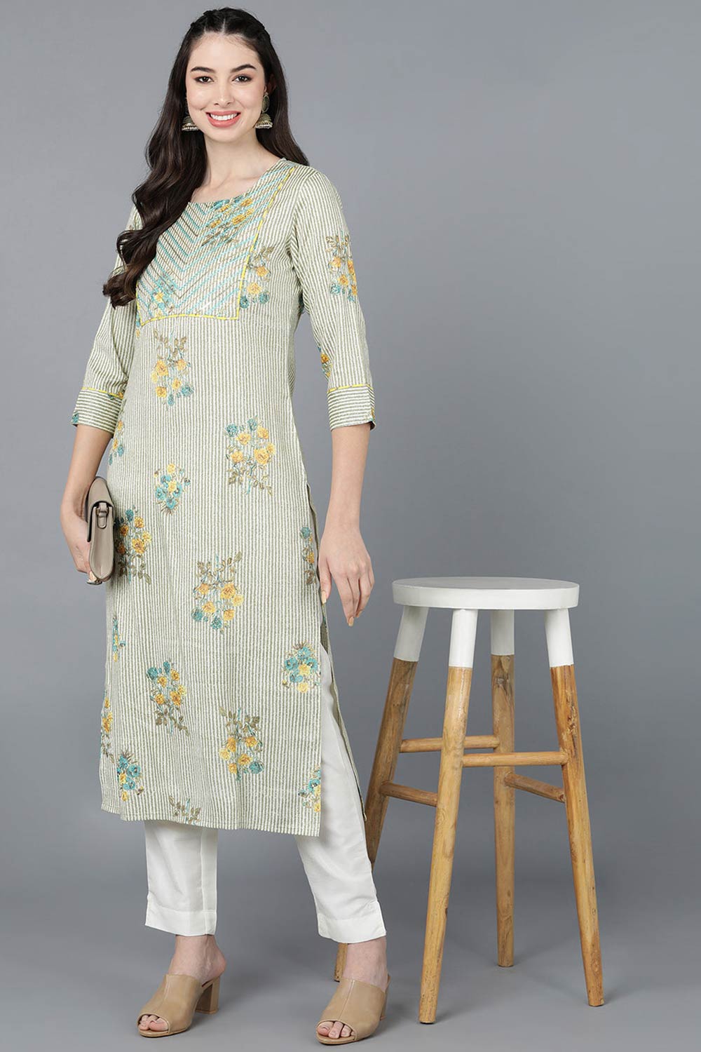 Beige Cotton Boat Neck KurtI Set