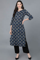 Blue Rayon Round Neck KurtI Set