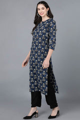 Blue Rayon Round Neck KurtI Set