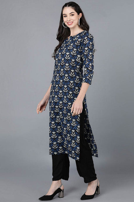 Blue Rayon Round Neck KurtI Set