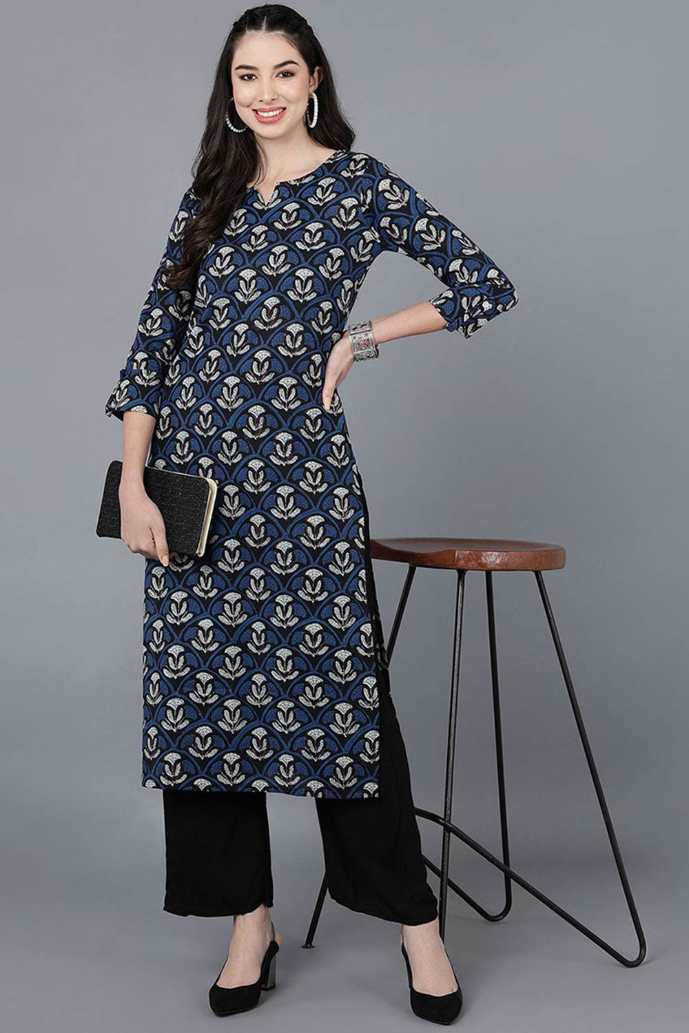 Blue Rayon Round Neck KurtI Set