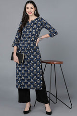 Blue Rayon Round Neck KurtI Set