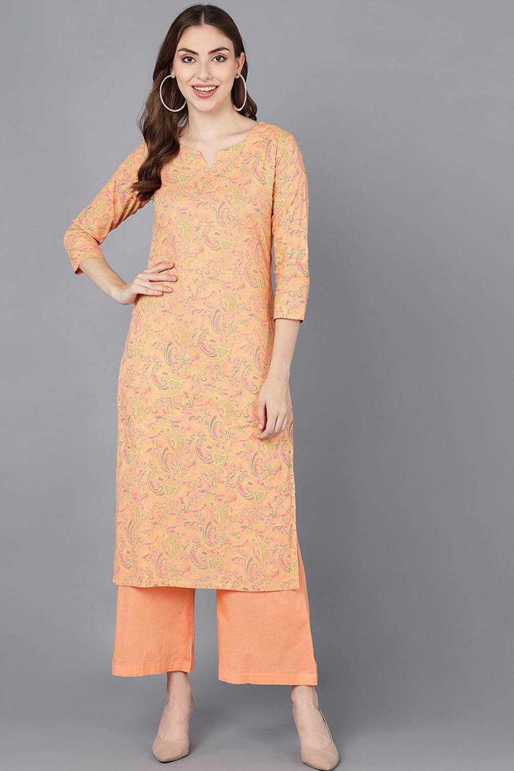 Pink Cotton V Neck KurtI Set