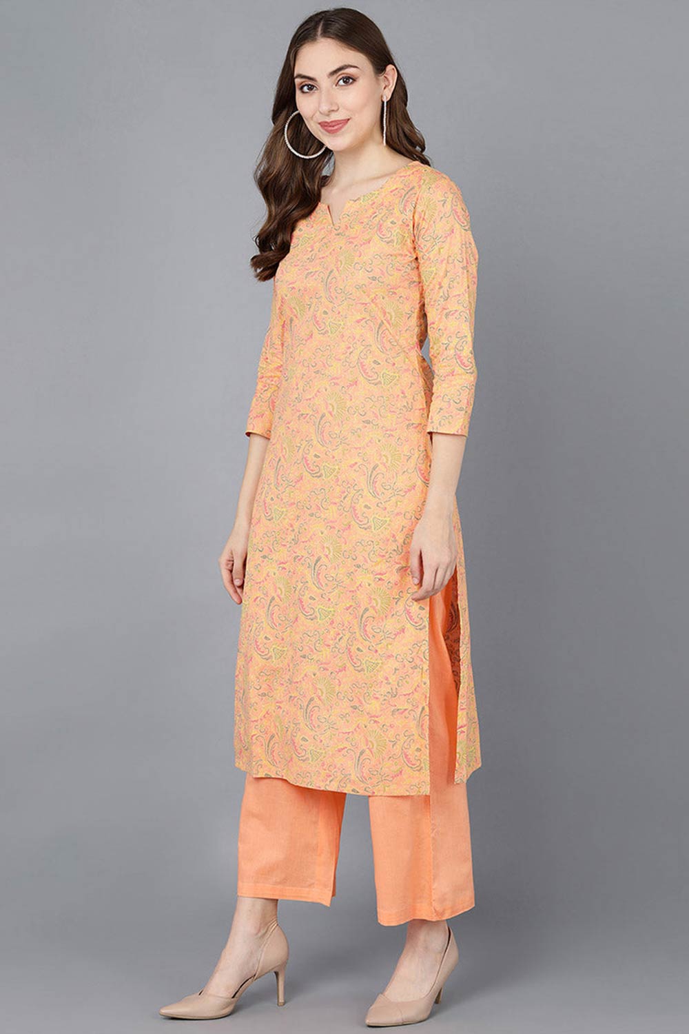 Pink Cotton V Neck KurtI Set