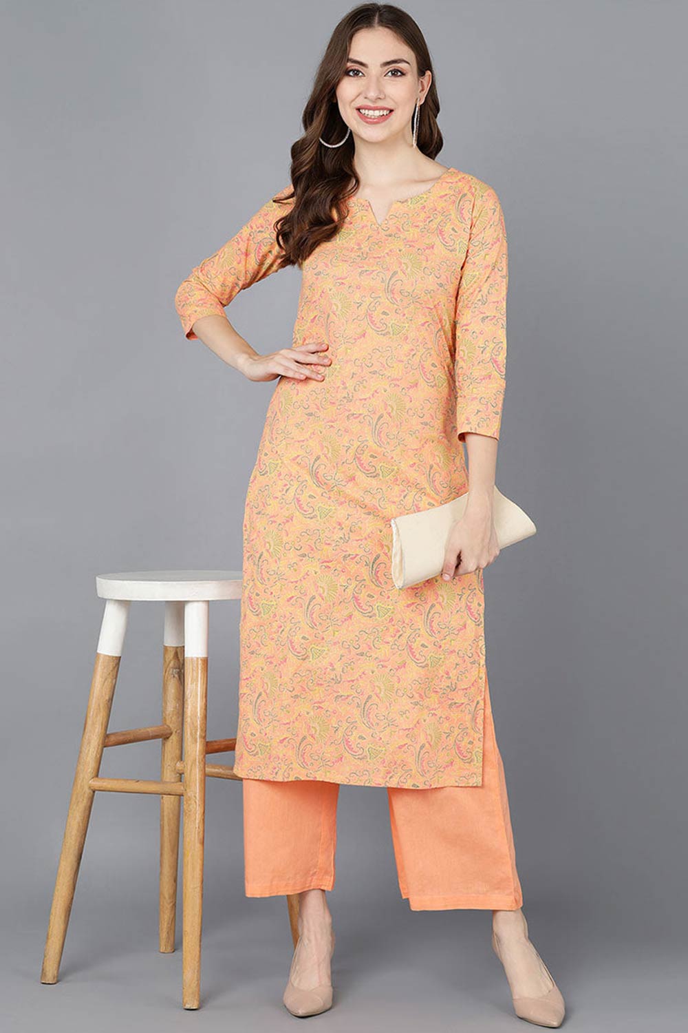 Pink Cotton V Neck KurtI Set