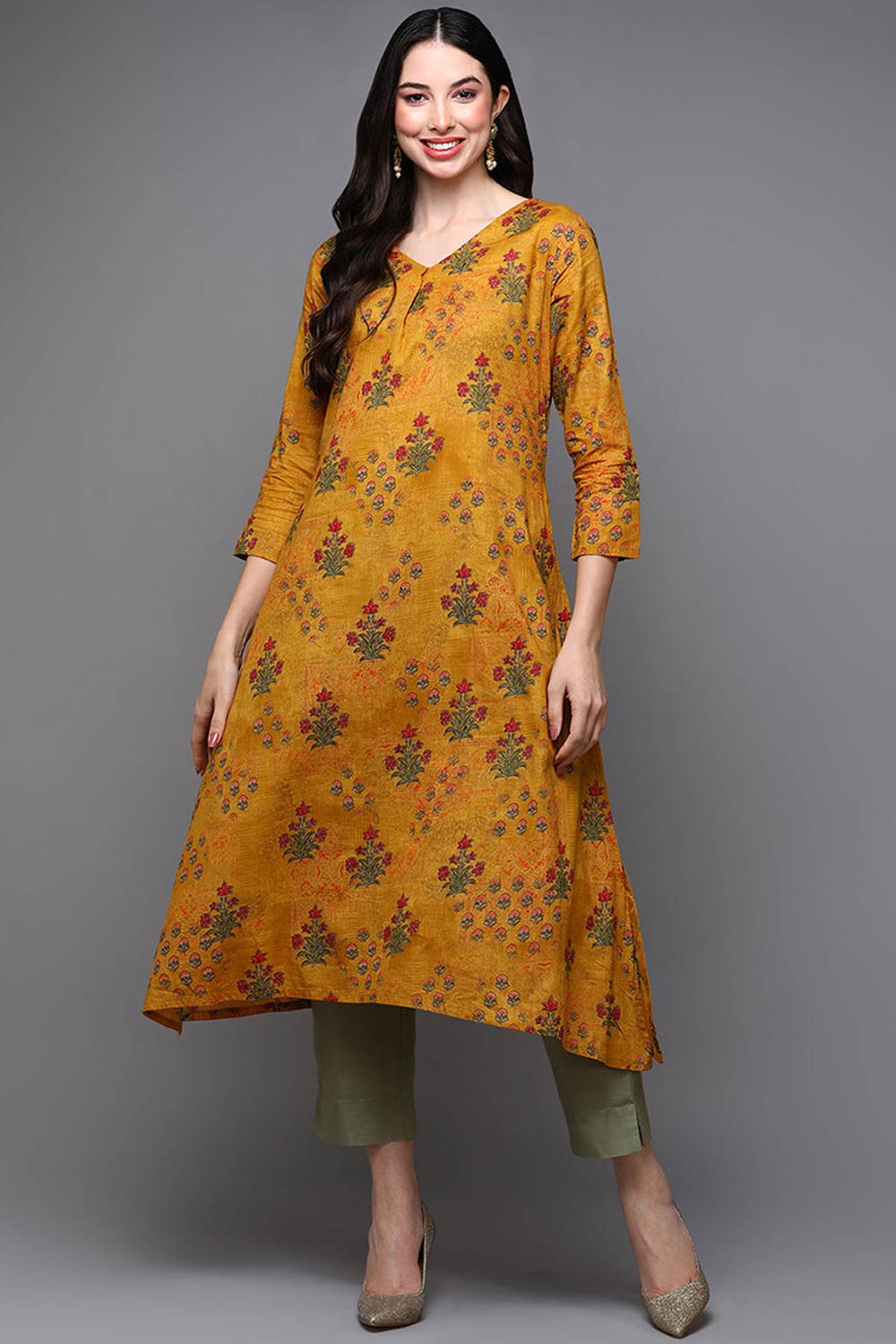 Yellow Cotton Floral Straight Fit KurtI Set