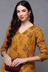 Yellow Cotton Floral Straight Fit KurtI Set