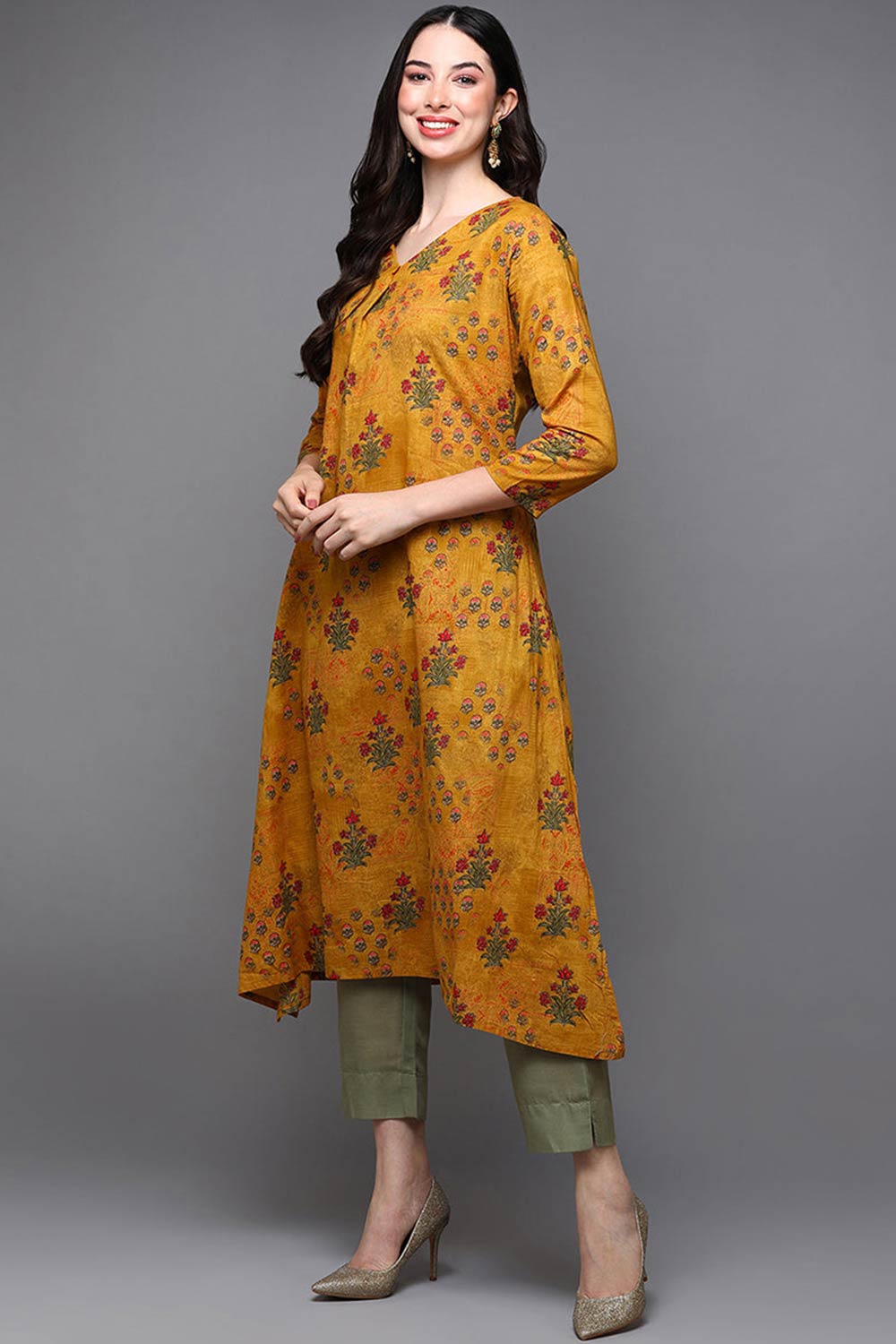 Yellow Cotton Floral Straight Fit KurtI Set